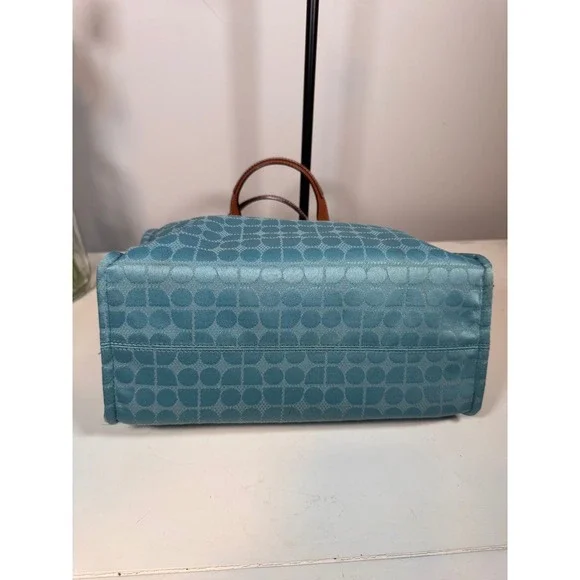 Kate Spade New York Aqua Blue Dot Noel Jacquard Tote Bag with Tan Leather Trim - Picture 3 of 7
